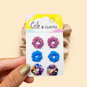 Scrunchie Studs - Mixed colour, pink and purple twist and blue