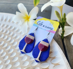 Wine Glass - Resin Coated clay dangles-  Dark blue